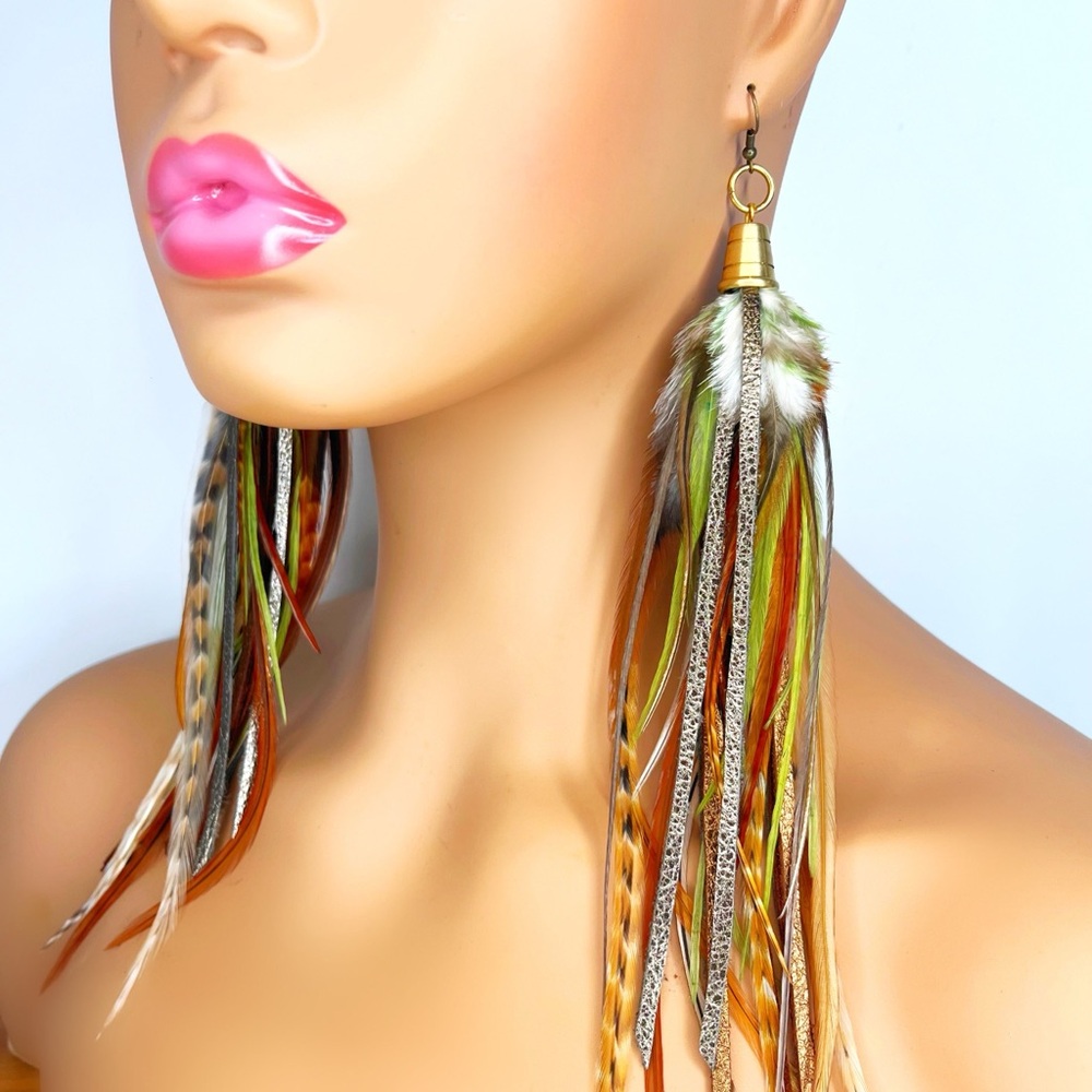 Real Leather & Feather Earrings, Natural & Green, Metallic Bronze